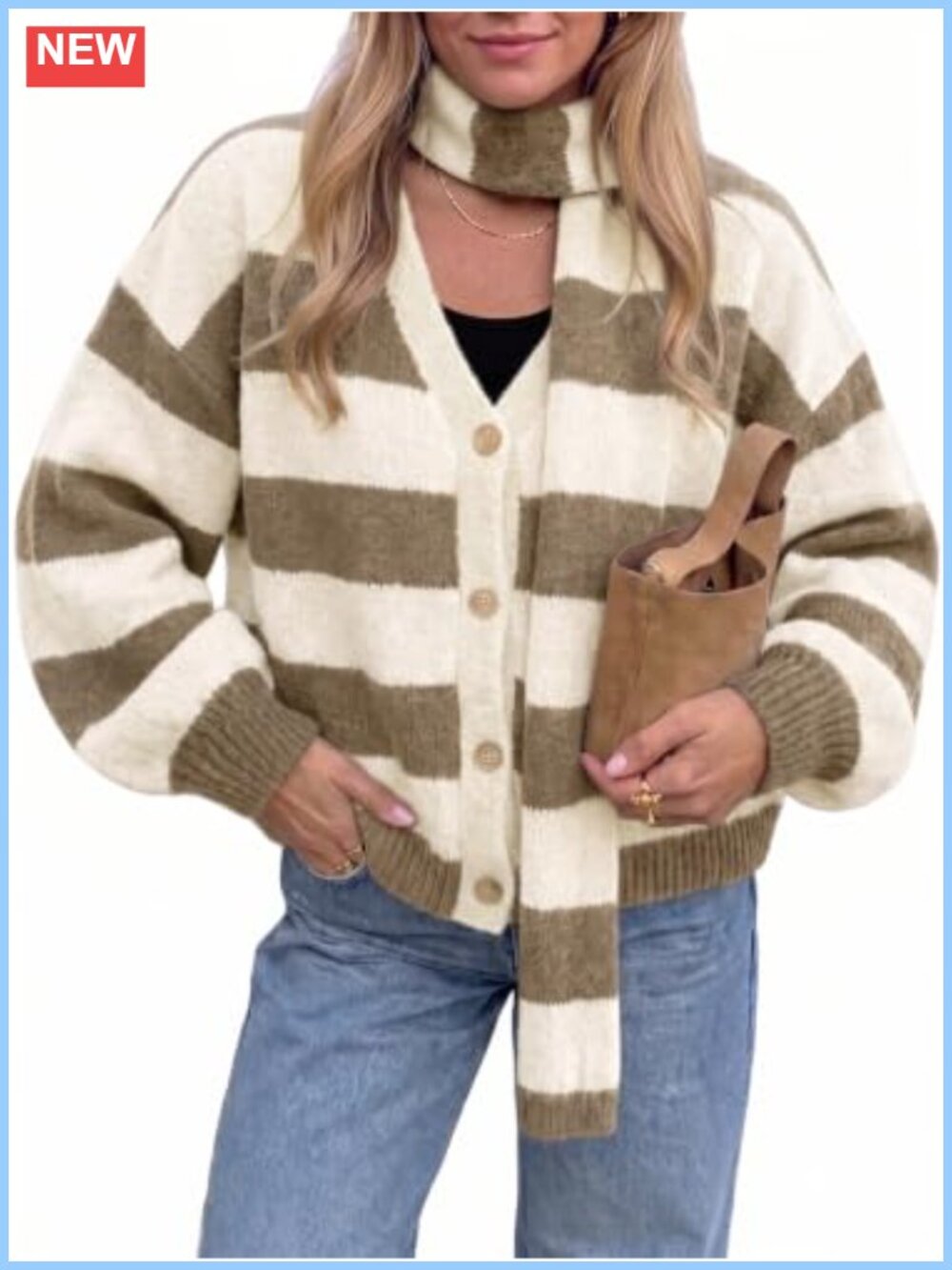 Oversized Striped Cardigan Sweater with Scarf Button Down Lantern Sleeve